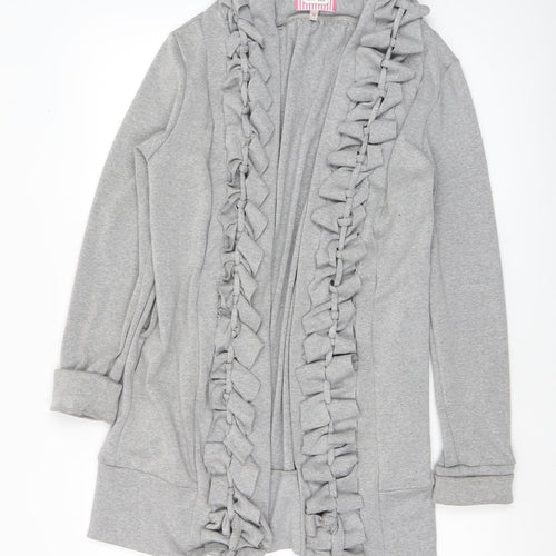 Fran Jane Women’s Grey Ruffle Open Front Mid-Length Cotton Blend Jacket M