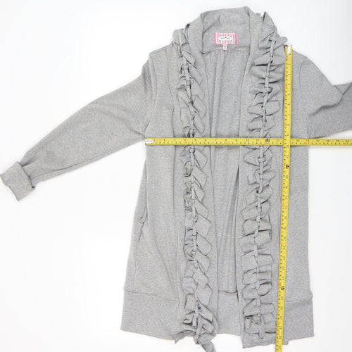 Fran Jane Women’s Grey Ruffle Open Front Mid-Length Cotton Blend Jacket M