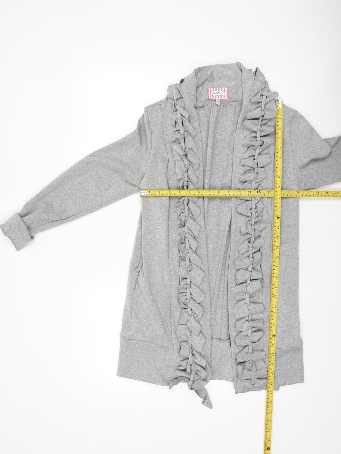 Fran Jane Women’s Grey Ruffle Open Front Mid-Length Cotton Blend Jacket M