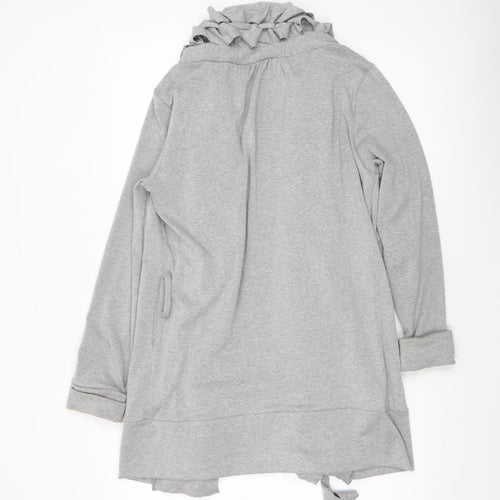 Fran Jane Women’s Grey Ruffle Open Front Mid-Length Cotton Blend Jacket M