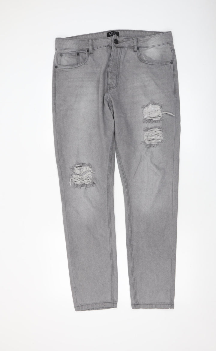 boohooMAN Men’s Grey Distressed Skinny Jeans Size 34
