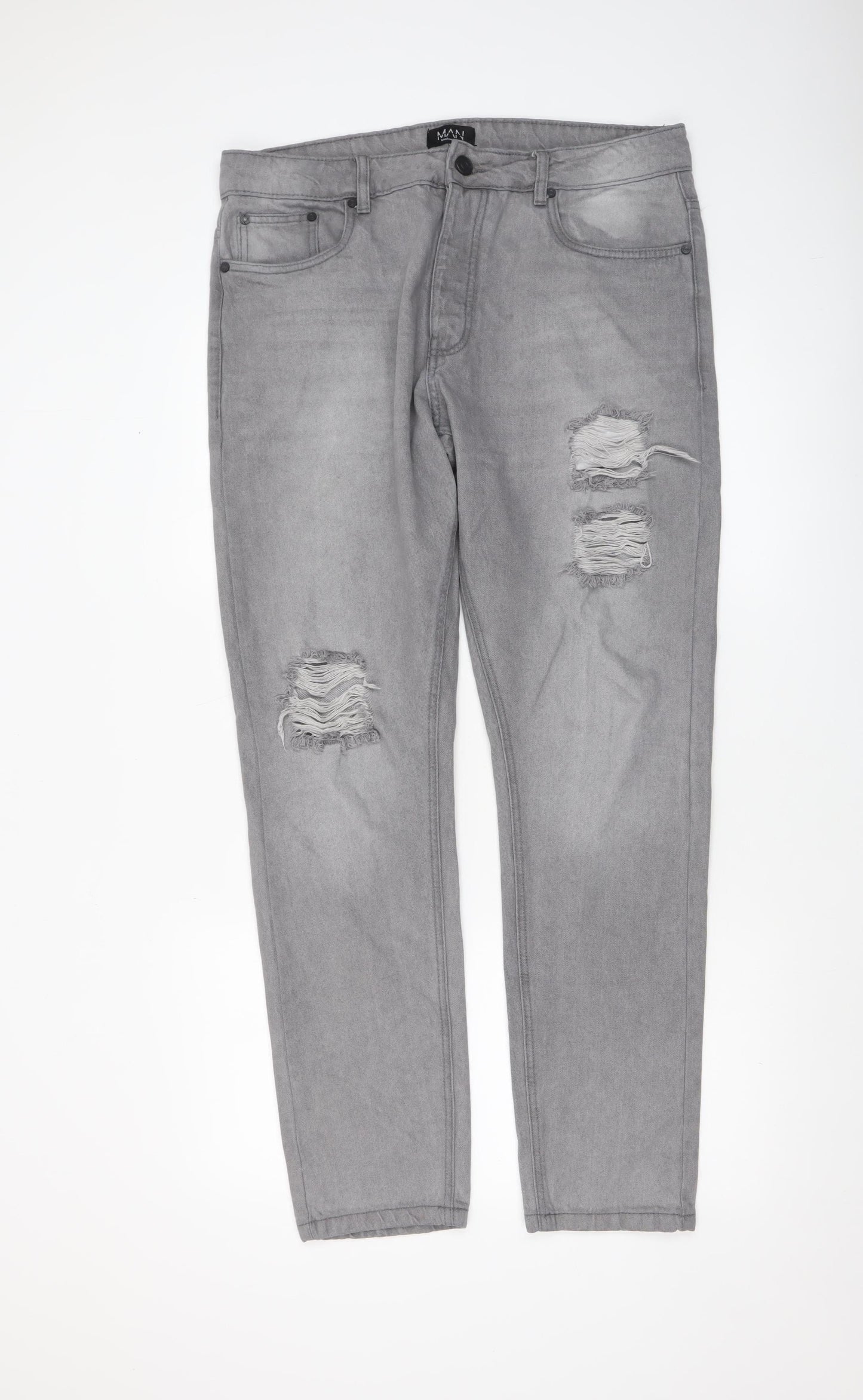 boohooMAN Men’s Grey Distressed Skinny Jeans Size 34