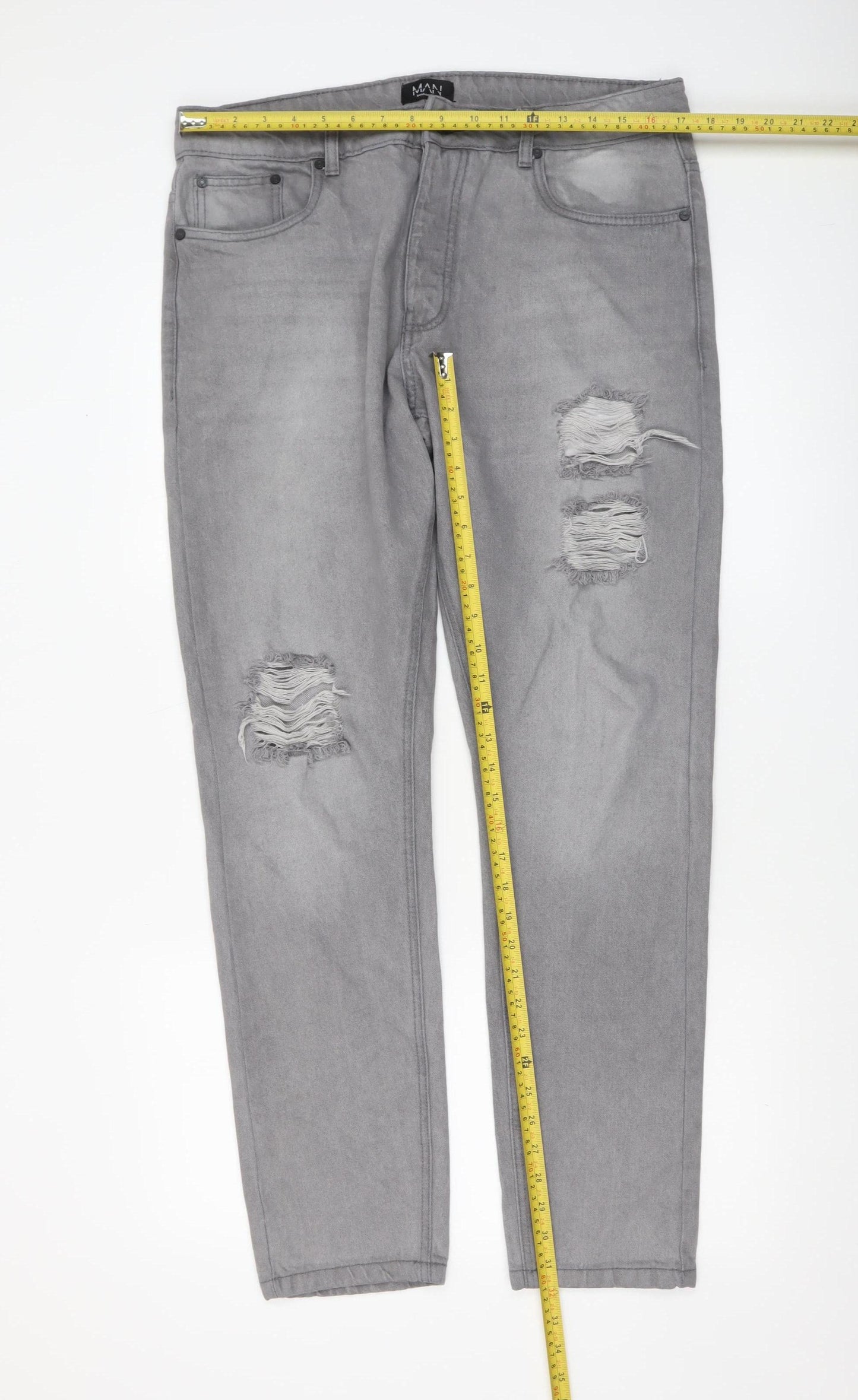 boohooMAN Men’s Grey Distressed Skinny Jeans Size 34