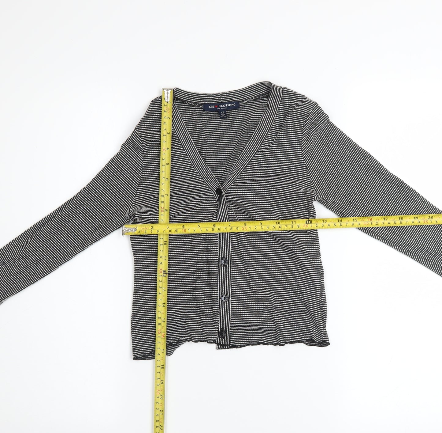 One Clothing Women’s Black Striped V-Neck Button Cardigan XS