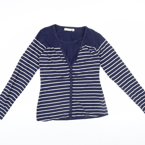 JoJo Maman Bébé Women’s Blue Striped V-Neck Button-Up Long Sleeve Top Size S
