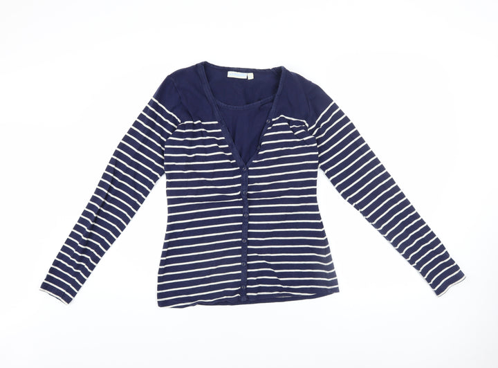 JoJo Maman Bébé Women’s Blue Striped V-Neck Button-Up Long Sleeve Top Size S