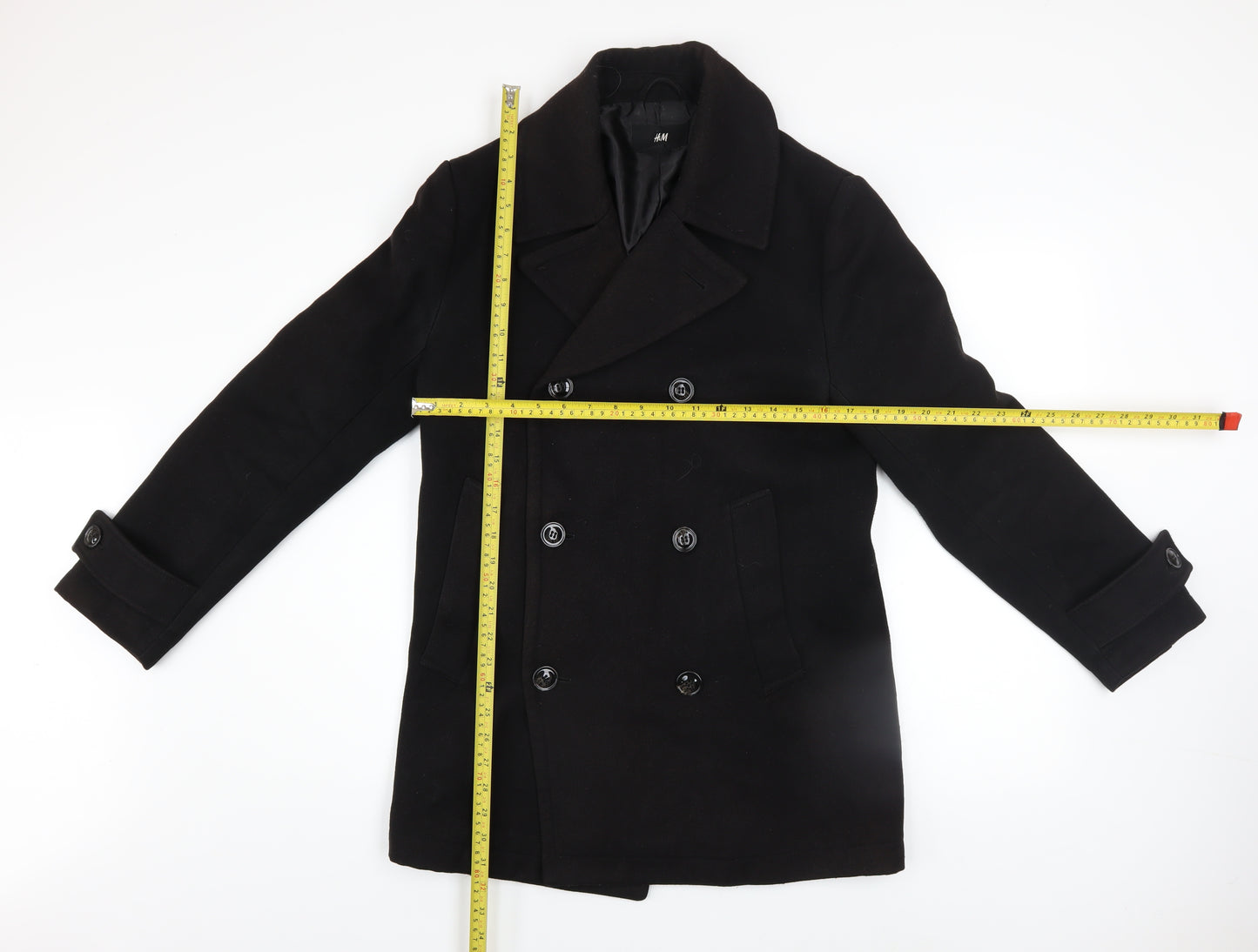 H&M Men’s Black 36 Regular Pea Coat Wool-Look Winter Jacket
