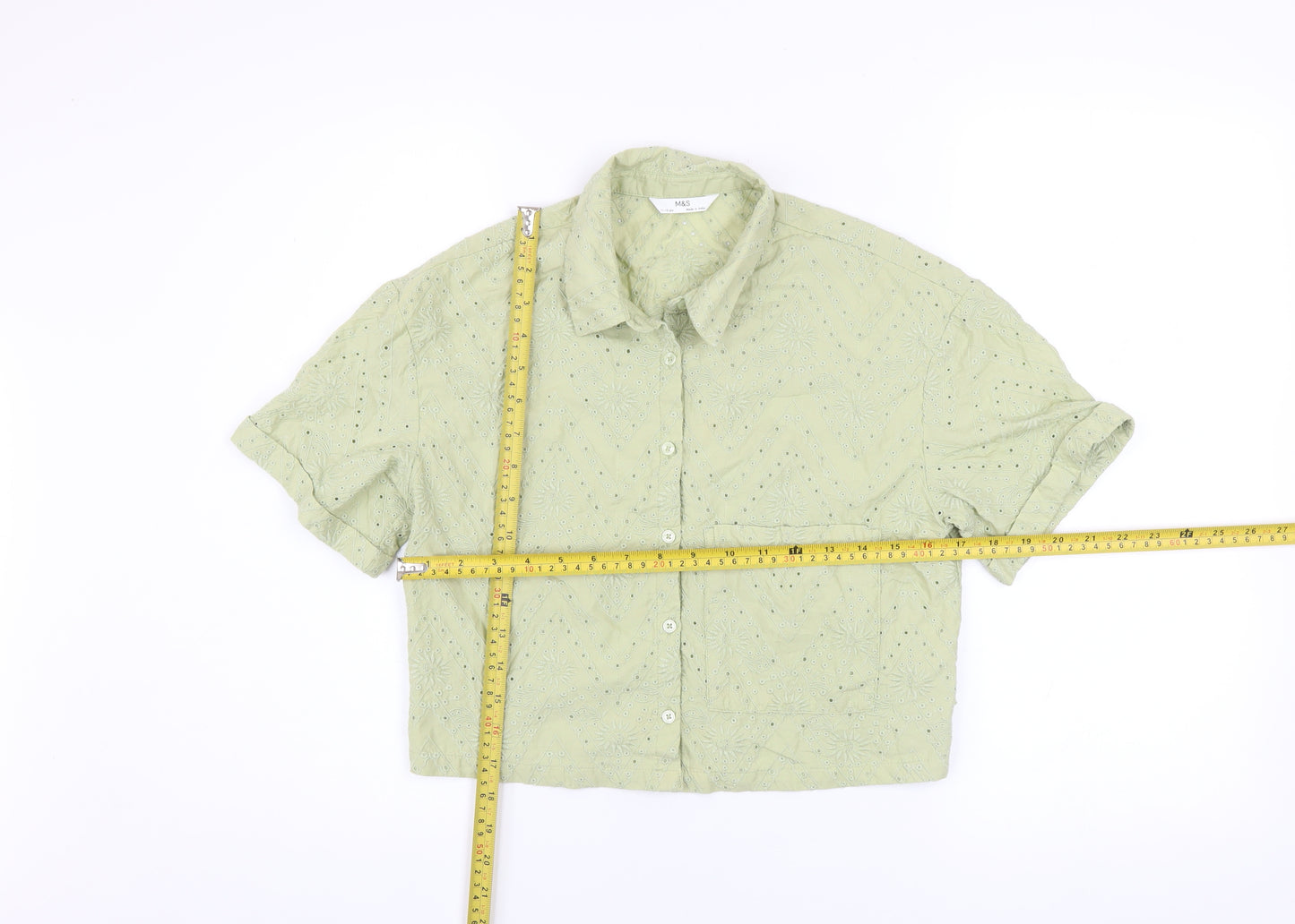 Marks and Spencer Girls Green Embroidered Cropped Button-Up Shirt 11-12 Years