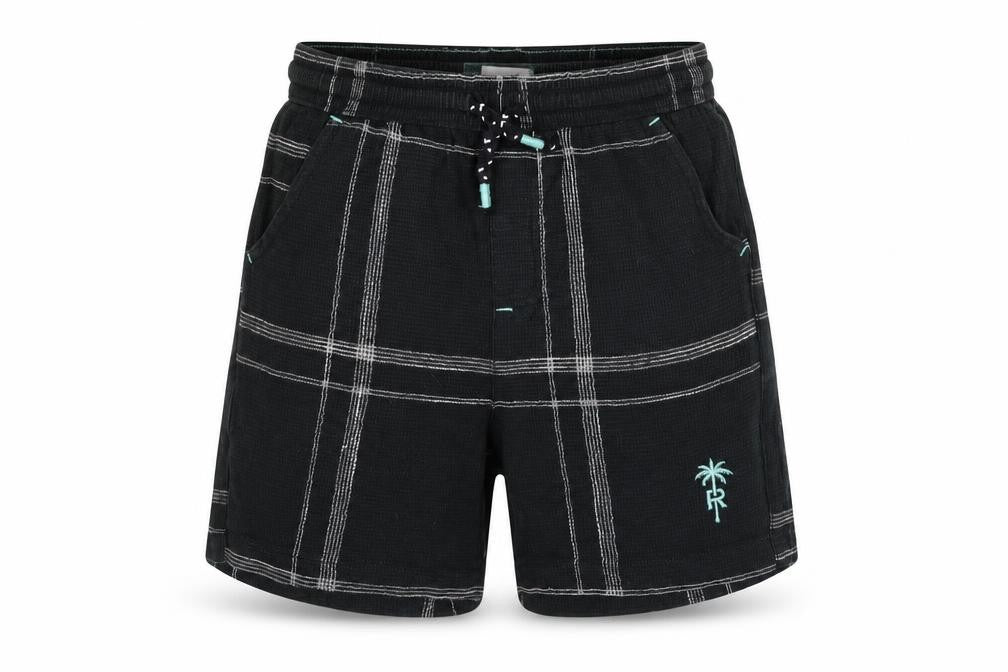 Front view of River Island boys’ black check sweat shorts 5-6 years drawstring waist