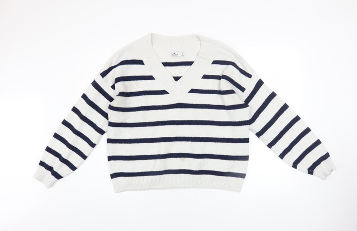 Hollister Women’s White Navy Striped V-Neck Knit Jumper Size S