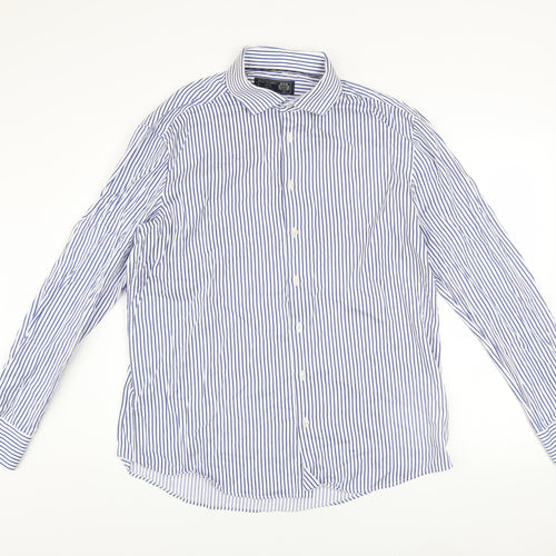 Paul Costelloe Men Blue Striped Cotton Long Sleeve Regular Fit Shirt L