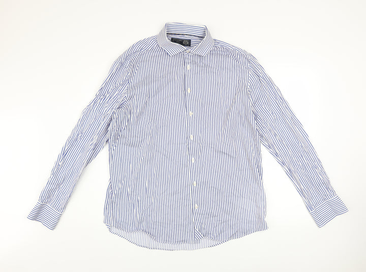 Paul Costelloe Men Blue Striped Cotton Long Sleeve Regular Fit Shirt L
