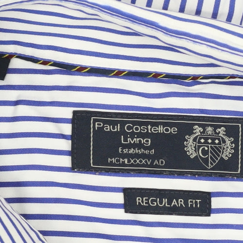 Paul Costelloe Men Blue Striped Cotton Long Sleeve Regular Fit Shirt L