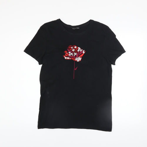 Zara Women's Black Beaded Rose T-Shirt Size S Short Sleeve Cotton