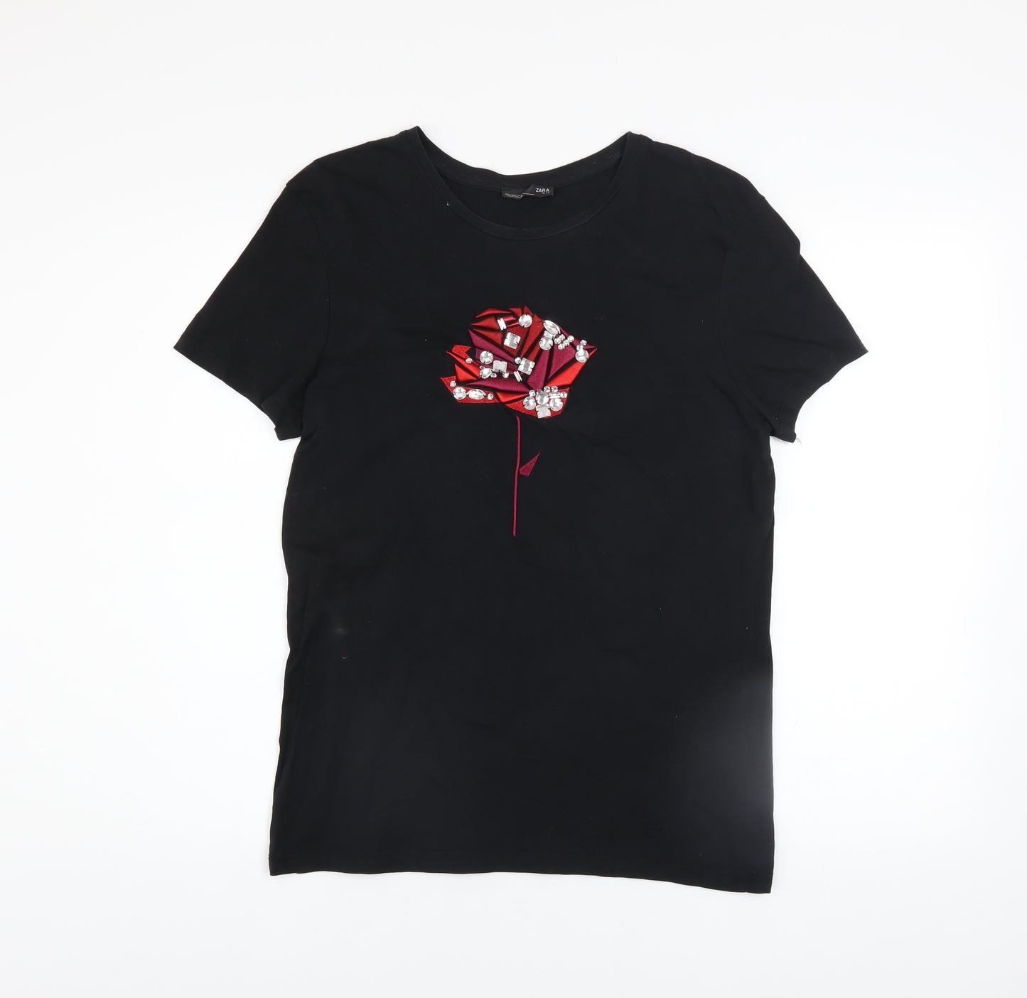 Zara Women's Black Beaded Rose T-Shirt Size S Short Sleeve Cotton