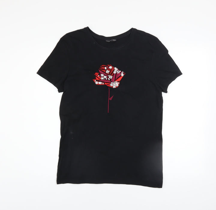 Zara Women's Black Beaded Rose T-Shirt Size S Short Sleeve Cotton
