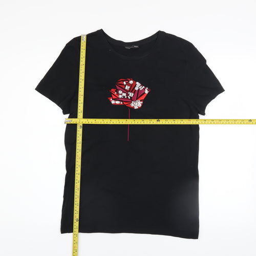 Zara Women's Black Beaded Rose T-Shirt Size S Short Sleeve Cotton