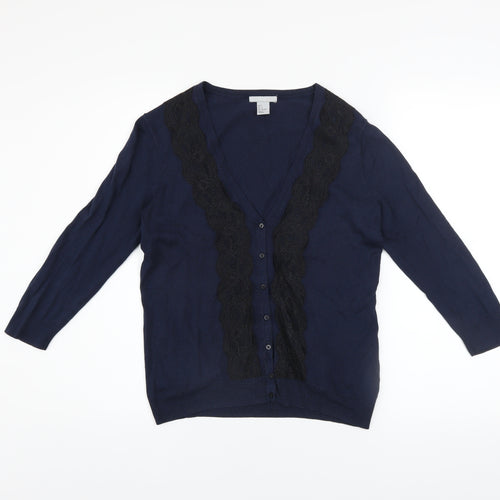 H&M Women's Blue Lace Trim Button Cardigan Size 8 V-Neck Knit