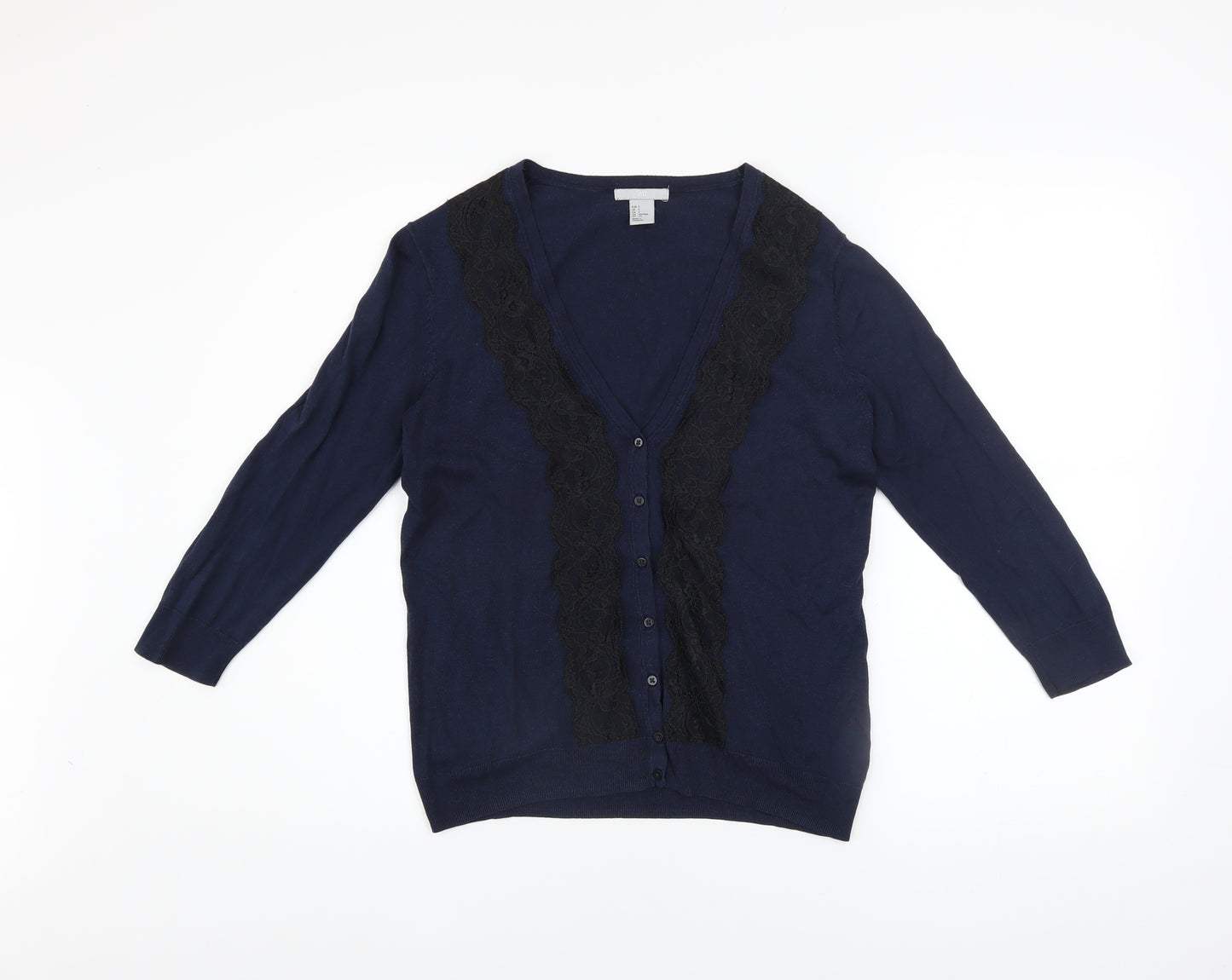 H&M Women's Blue Lace Trim Button Cardigan Size 8 V-Neck Knit