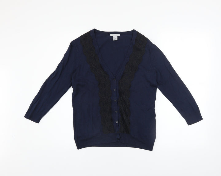 H&M Women's Blue Lace Trim Button Cardigan Size 8 V-Neck Knit