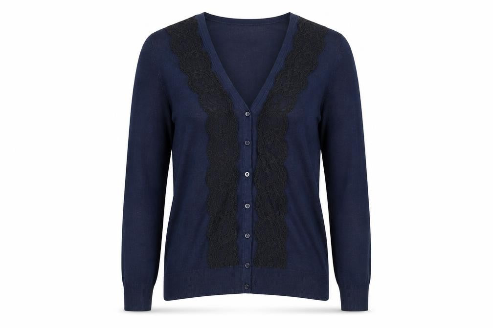 H&M Women's Blue Lace Trim Button Cardigan Size 8 V-Neck Knit