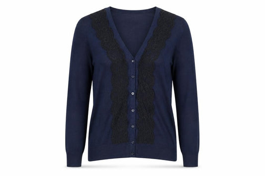 Front view of H&M Women's Blue Lace Trim Button Cardigan, size 8, V-Neck Knit