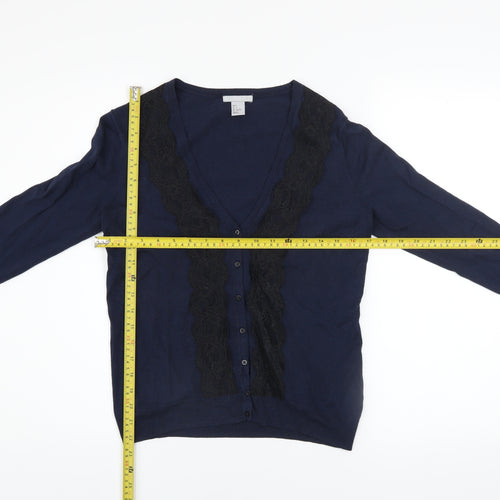 H&M Women's Blue Lace Trim Button Cardigan Size 8 V-Neck Knit