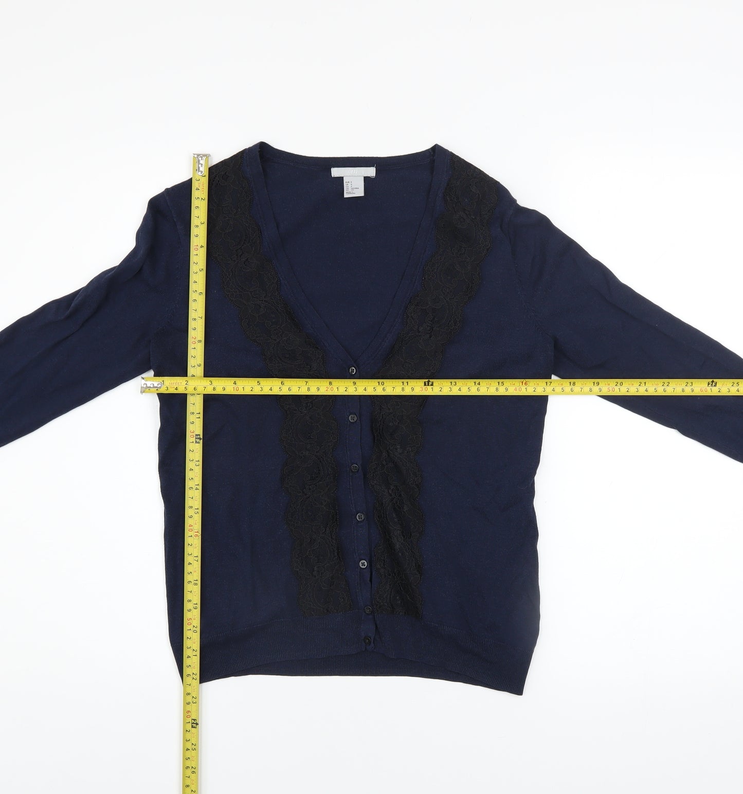 H&M Women's Blue Lace Trim Button Cardigan Size 8 V-Neck Knit