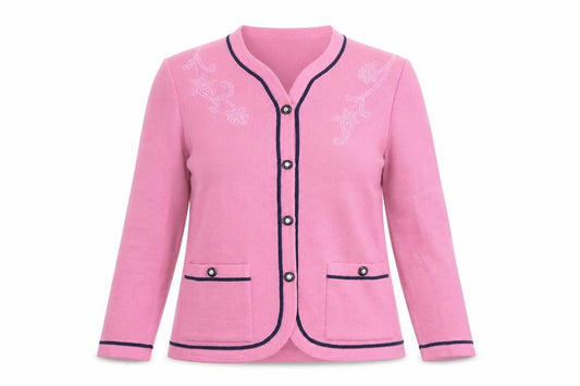 Front view of Sempre Women’s Pink Embroidered Wool Blend Button Jacket, size UK 12