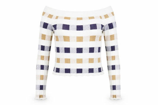 Front view of Marks & Spencer Women's Multicoloured Check Off Shoulder Jumper, size 8