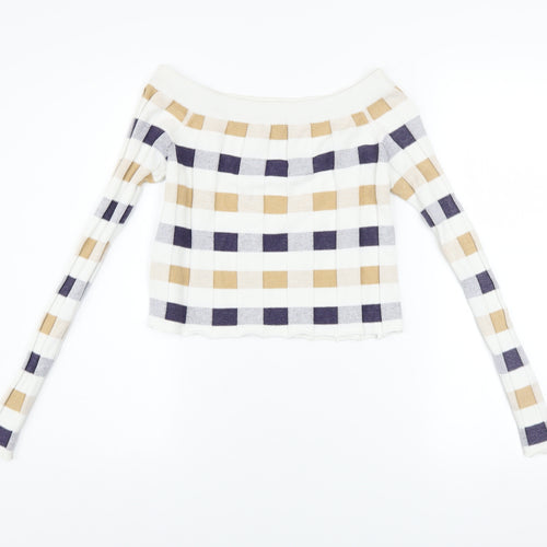 Marks and Spencer Women's Multicoloured Check Off Shoulder Jumper Size 8