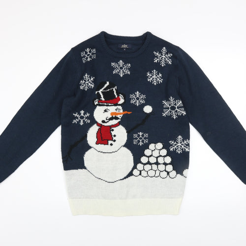 Easy Mens Blue Christmas Snowman Jumper Size S Holiday Knitwear