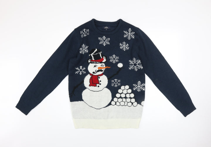 Easy Mens Blue Christmas Snowman Jumper Size S Holiday Knitwear