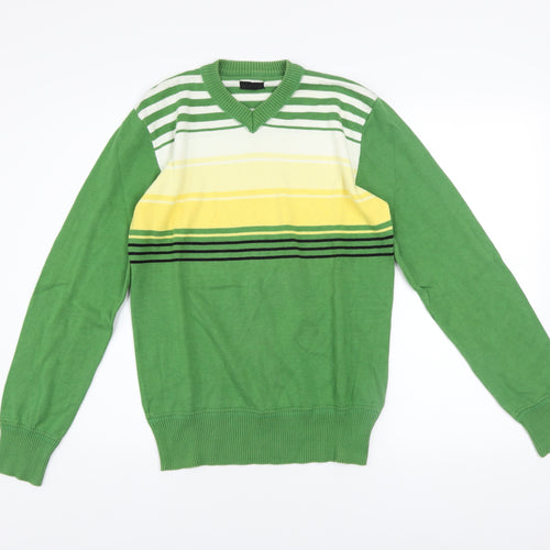 Beam Men's Green Striped V-Neck Cotton Jumper Size M