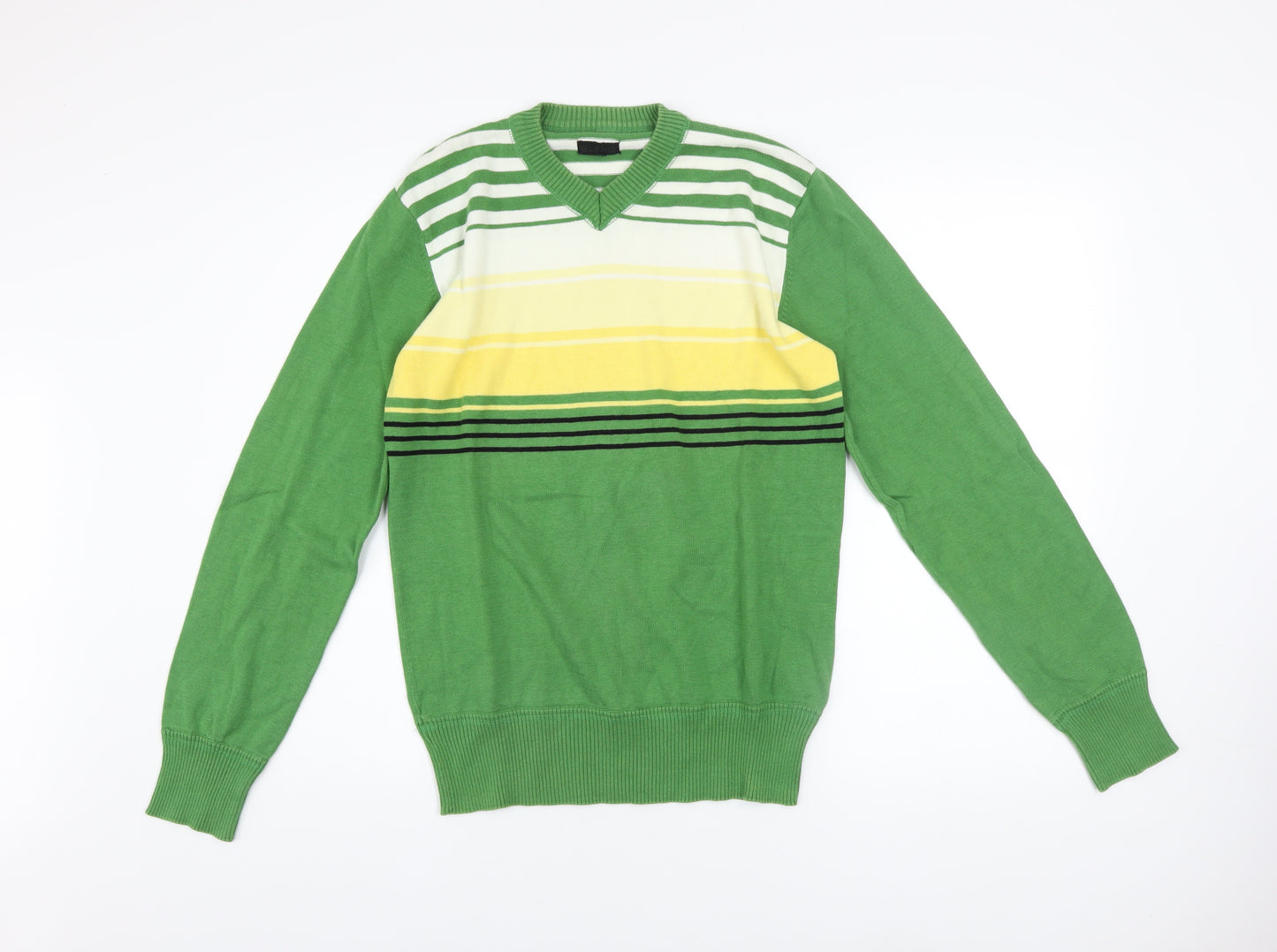 Beam Men's Green Striped V-Neck Cotton Jumper Size M