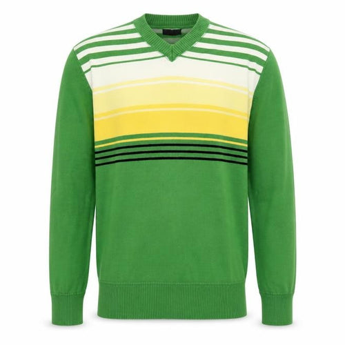 Beam Men's Green Striped V-Neck Cotton Jumper Size M