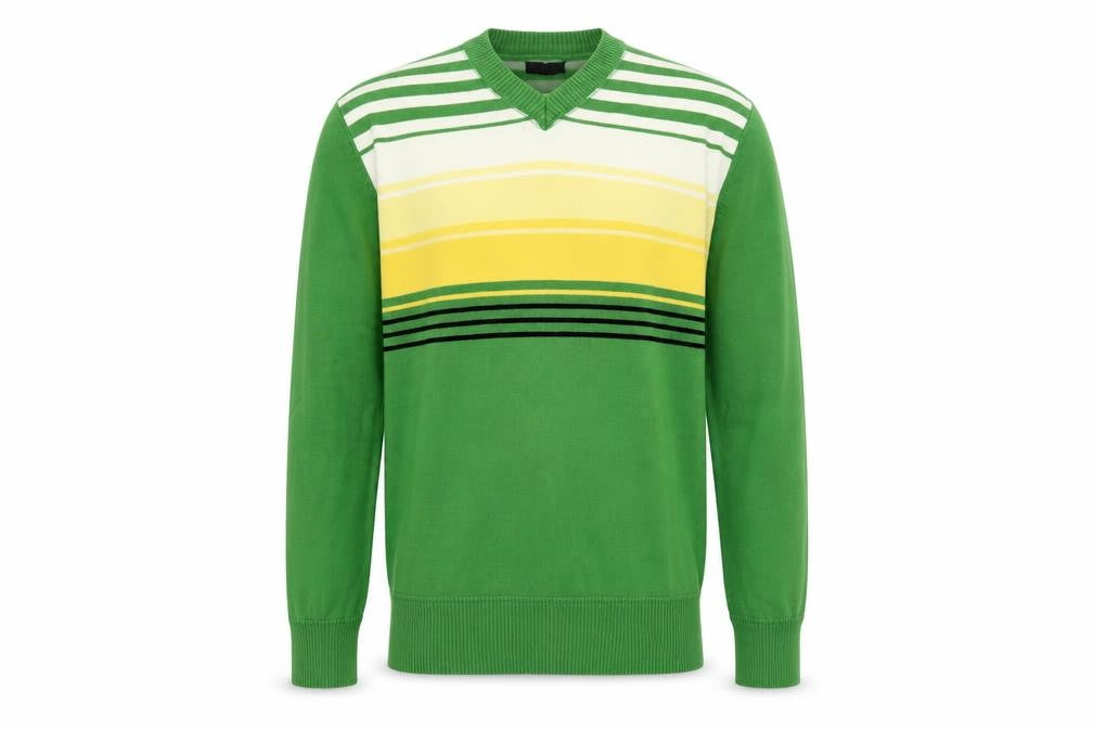 Beam Men's Green Striped V-Neck Cotton Jumper Size M