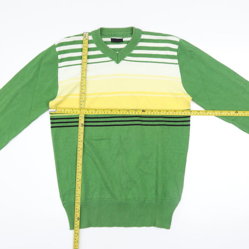 Beam Men's Green Striped V-Neck Cotton Jumper Size M
