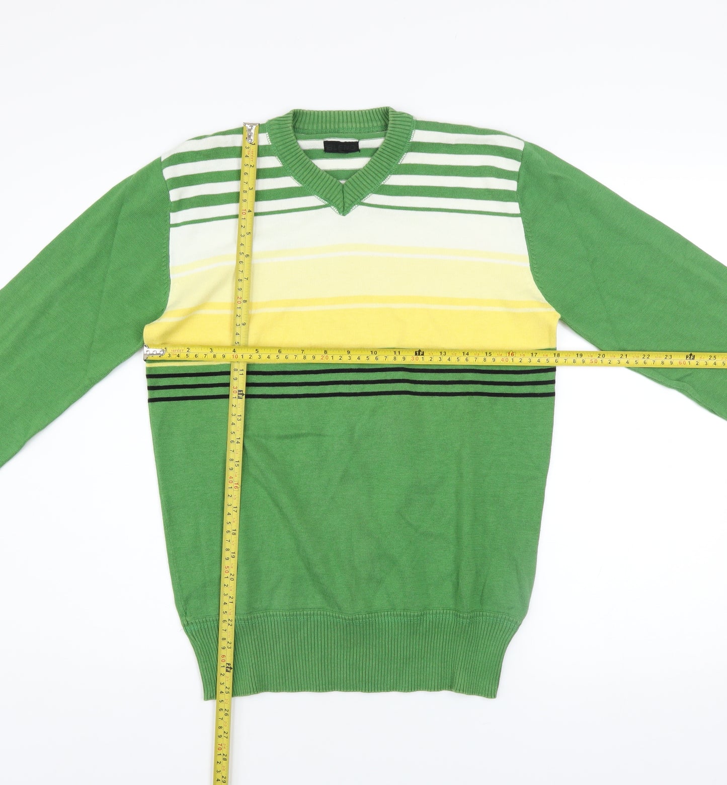 Beam Men's Green Striped V-Neck Cotton Jumper Size M