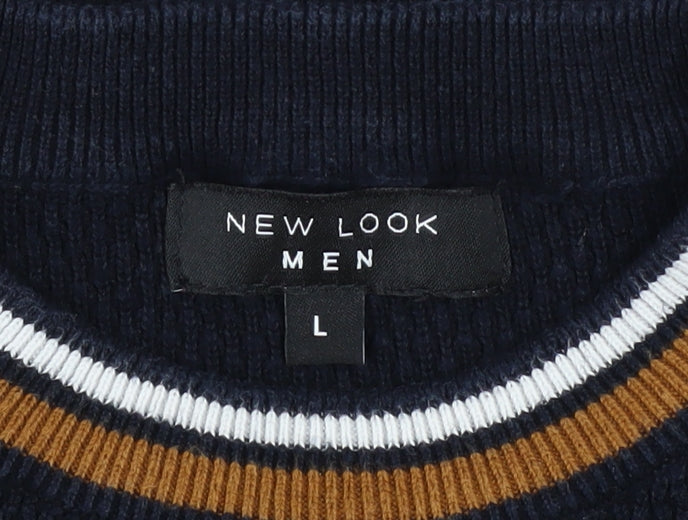 New Look Men Blue Cotton Crew Neck Waffle Knit Jumper Size L