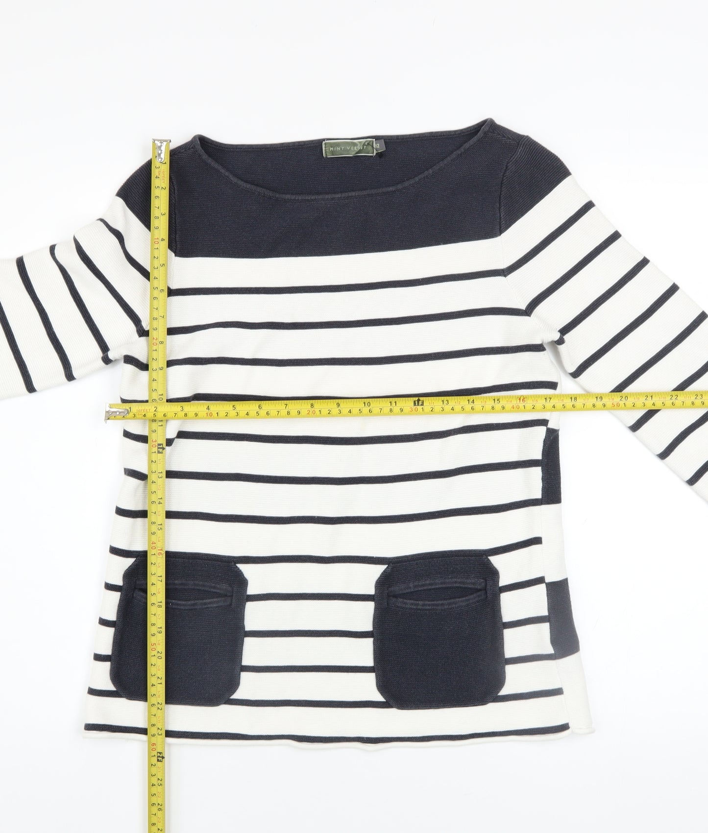 Mint Velvet Women’s Blue Striped Cotton Boat Neck Jumper Size 12