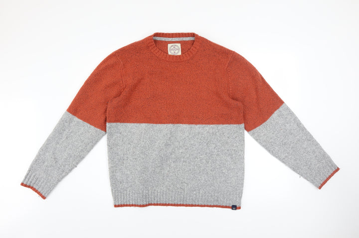 Fat Face Men's Grey & Orange Colourblock Wool Blend Crew Neck Jumper Size L