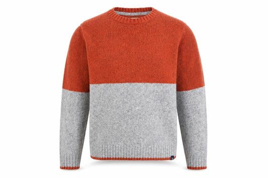 Front view of FatFace Men's Grey & Orange Colourblock Wool Blend Crew Neck Jumper, size L