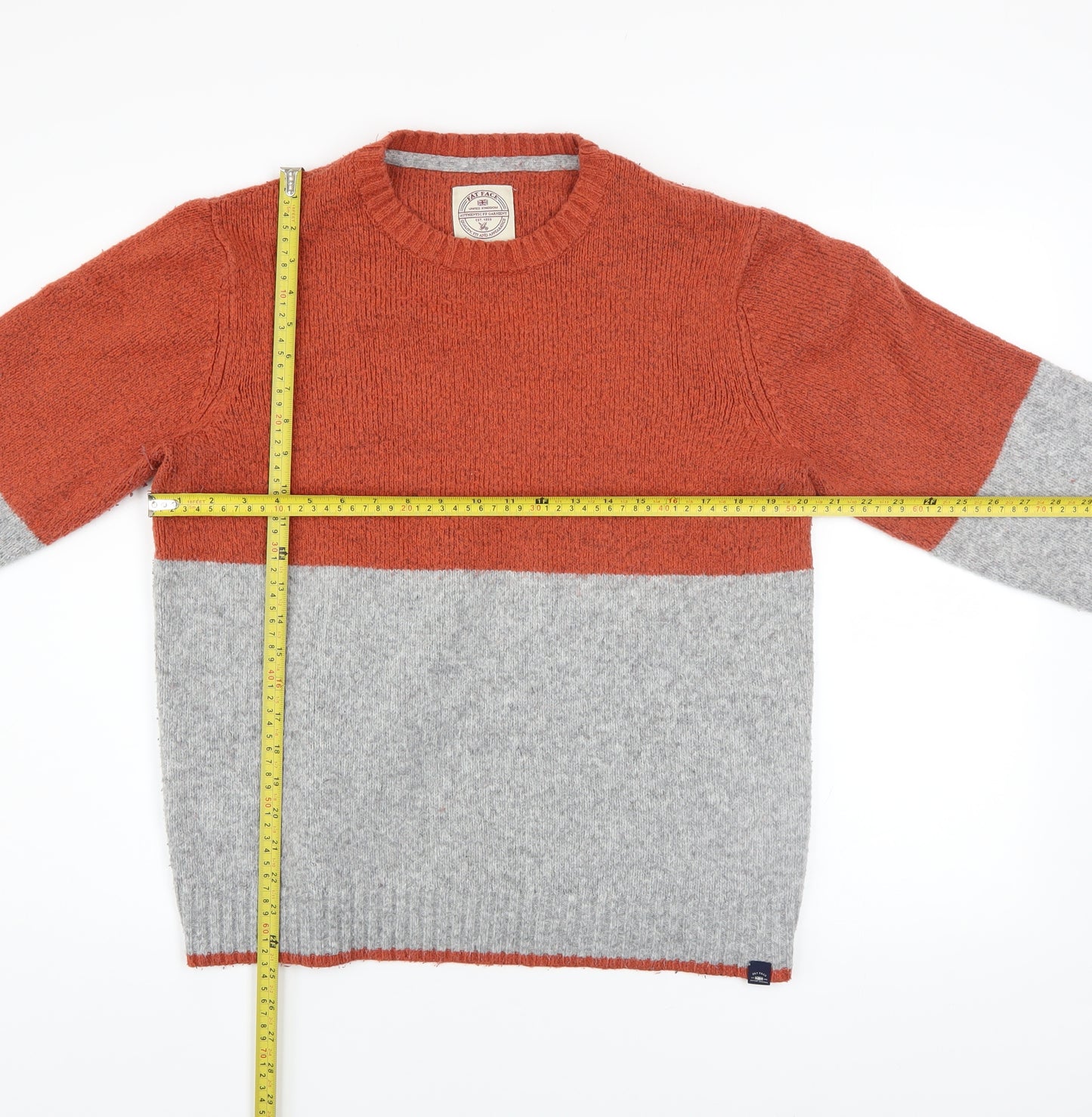 Fat Face Men's Grey & Orange Colourblock Wool Blend Crew Neck Jumper Size L