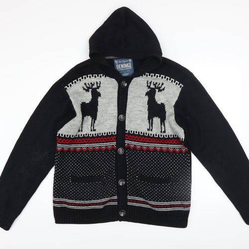Denim Co Men's Black Fair Isle Hooded Cardigan L Acrylic Wool