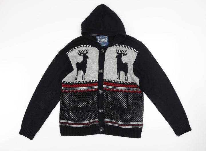 Denim Co Men's Black Fair Isle Hooded Cardigan L Acrylic Wool