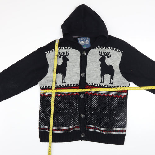 Denim Co Men's Black Fair Isle Hooded Cardigan L Acrylic Wool