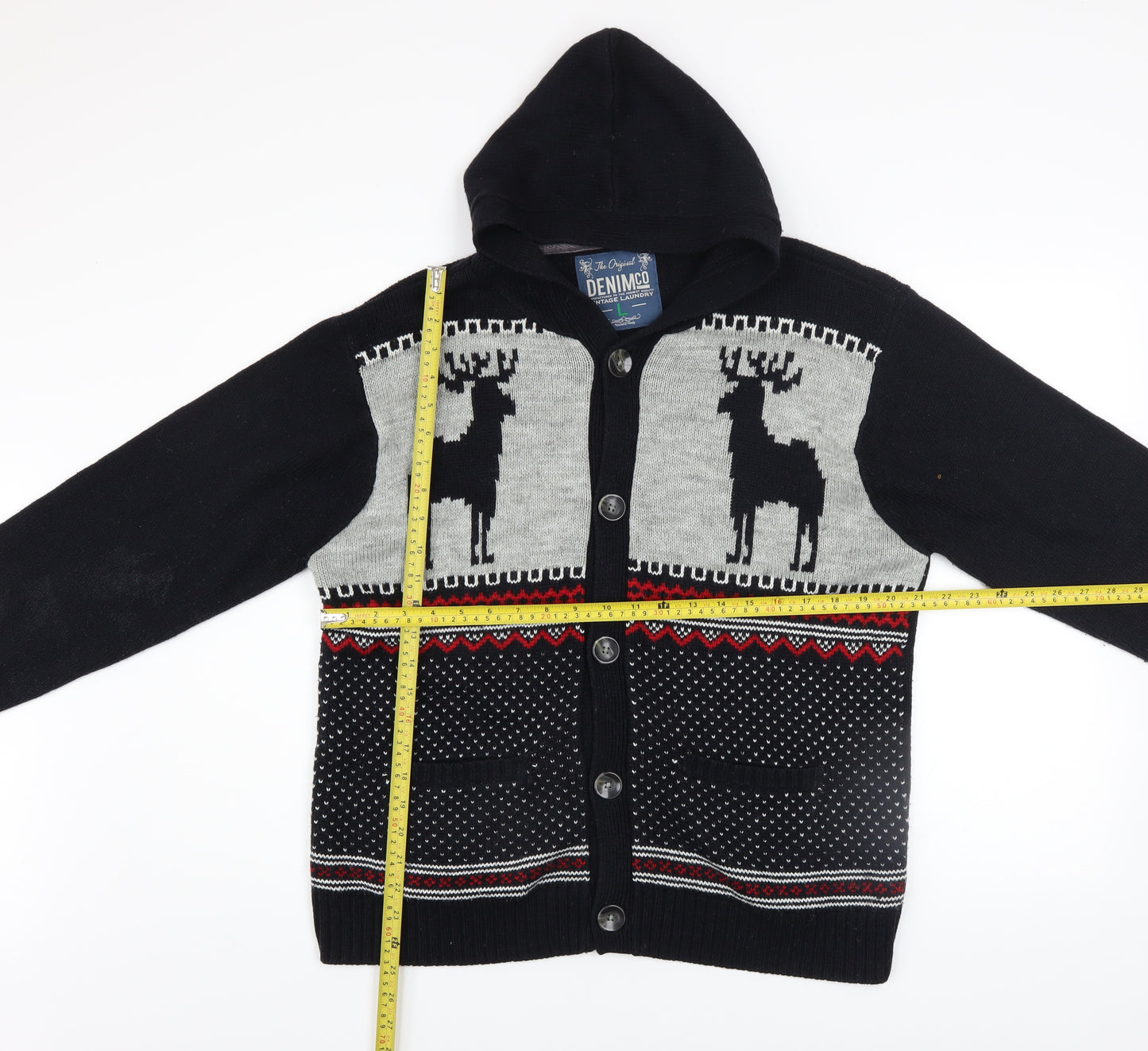 Denim Co Men's Black Fair Isle Hooded Cardigan L Acrylic Wool