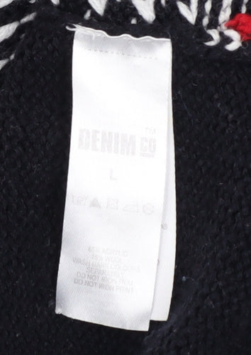 Denim Co Men's Black Fair Isle Hooded Cardigan L Acrylic Wool