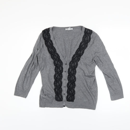 H&M Women’s Grey V-Neck Lace Trim Button Cardigan Size 8